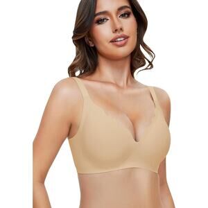 Women Bra No Underwire Seamless Wireless Scalloped Deep V Comfortable Medium